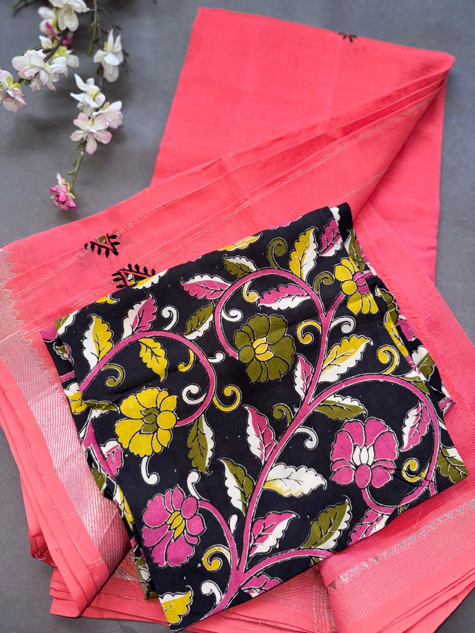 Coral Pink Applique Work Mangalgiri Silk Saree 108