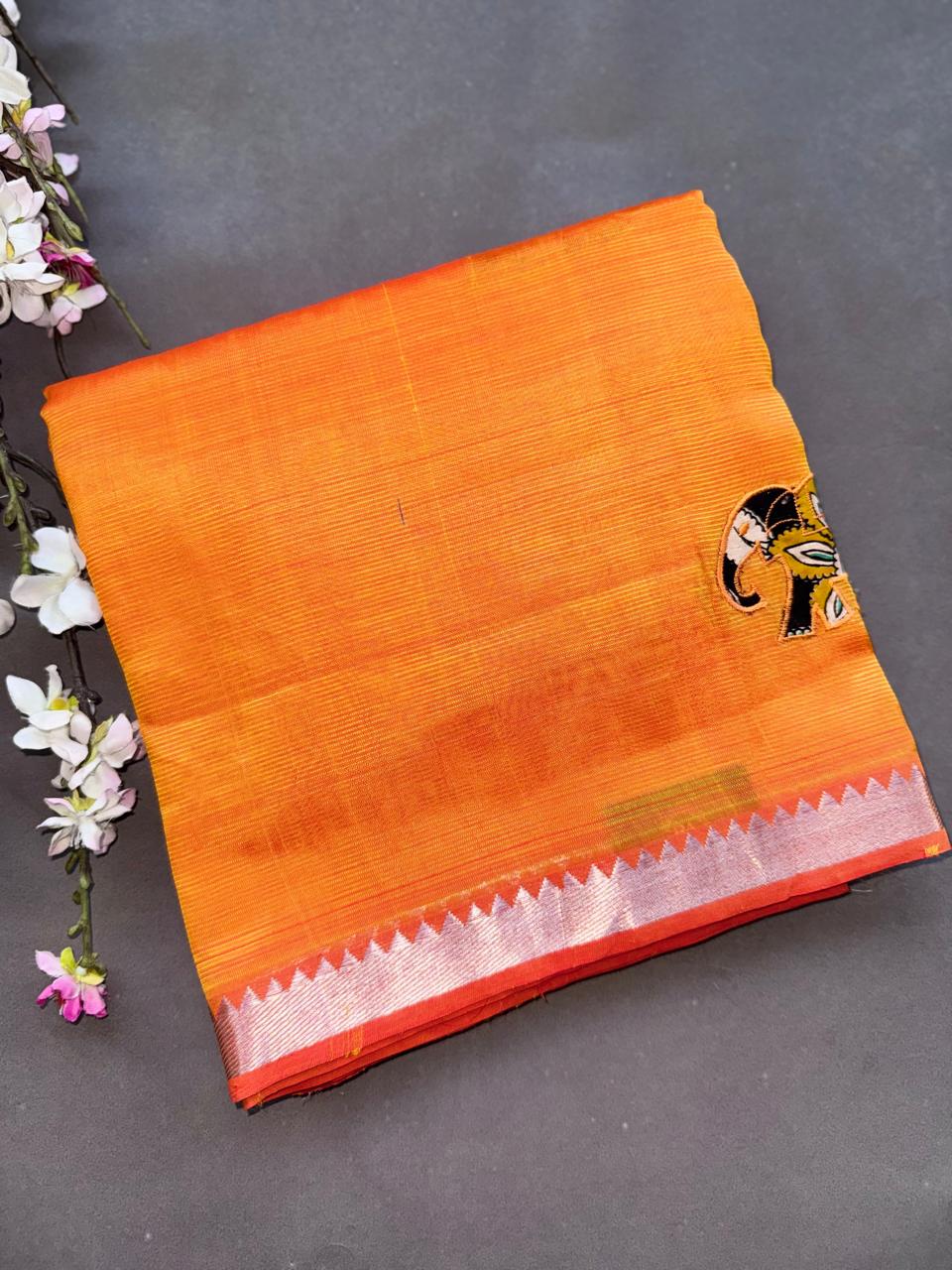Orange Applique Work Mangalgiri Silk Saree 108
