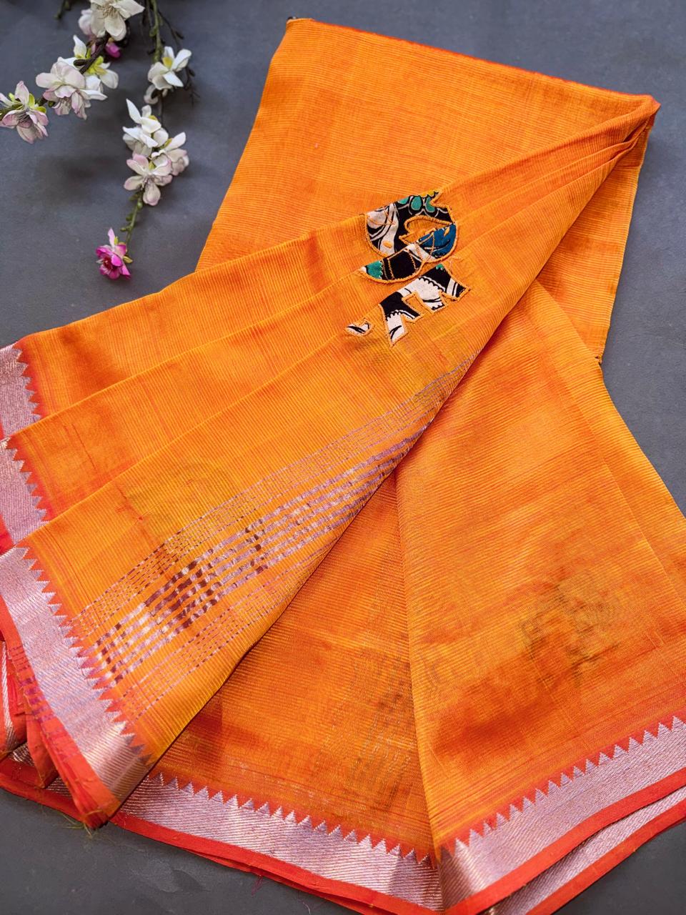 Orange Applique Work Mangalgiri Silk Saree 108