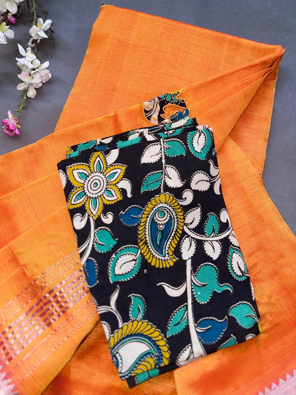 Orange Applique Work Mangalgiri Silk Saree 108