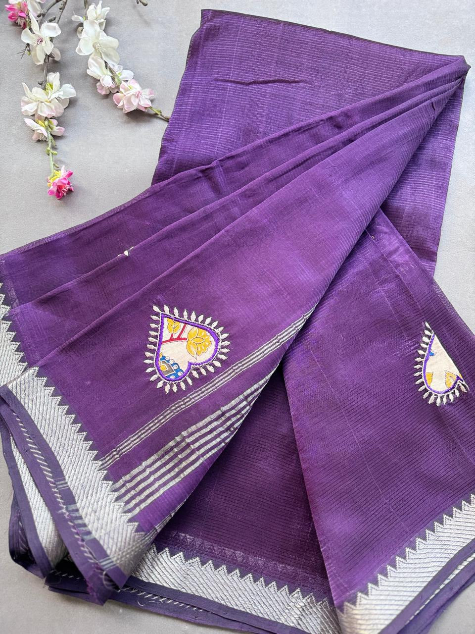 Plum Purple Applique Work Mangalgiri Silk Saree 108