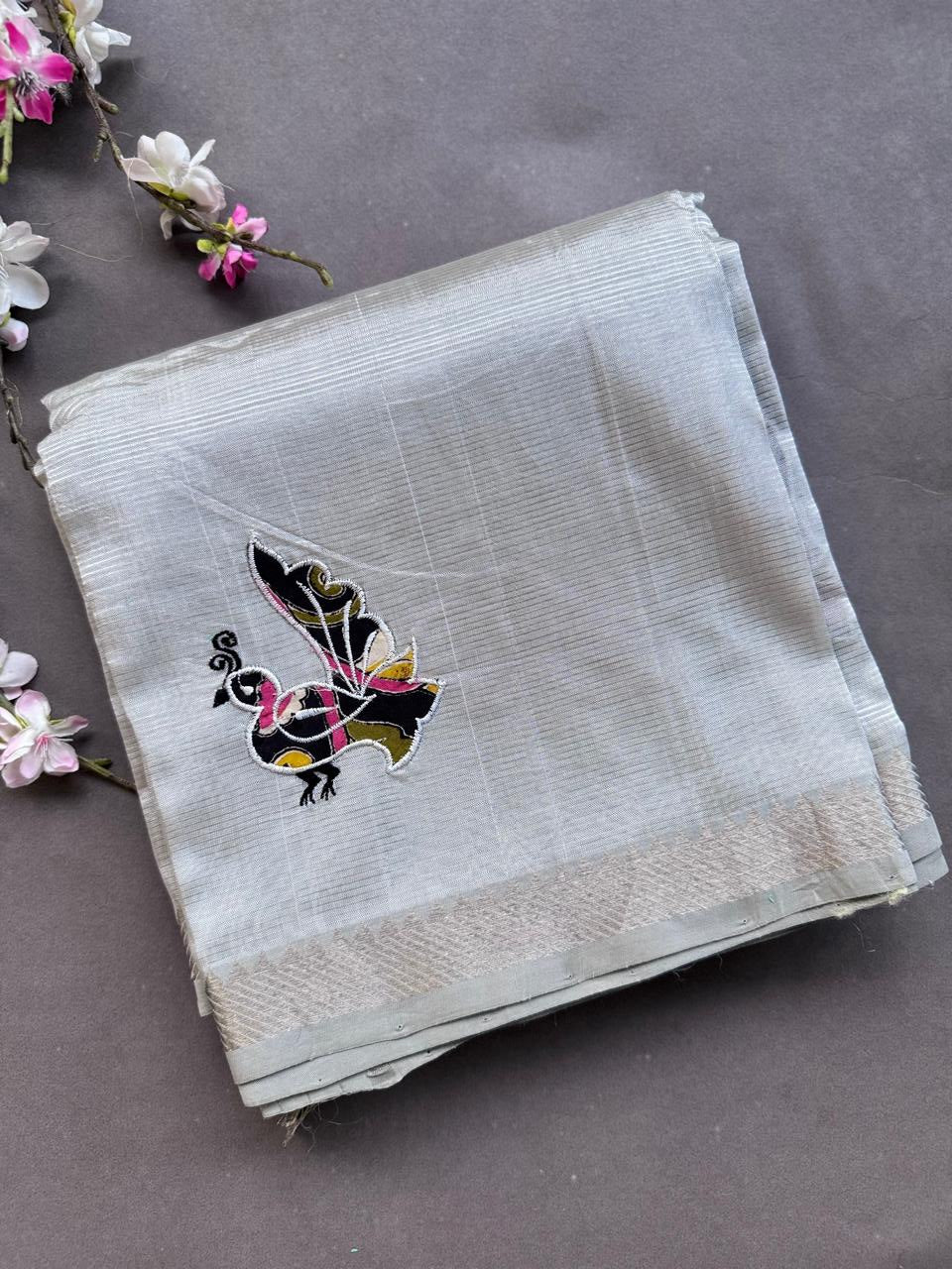 Grey Applique Work Mangalgiri Silk Saree 108