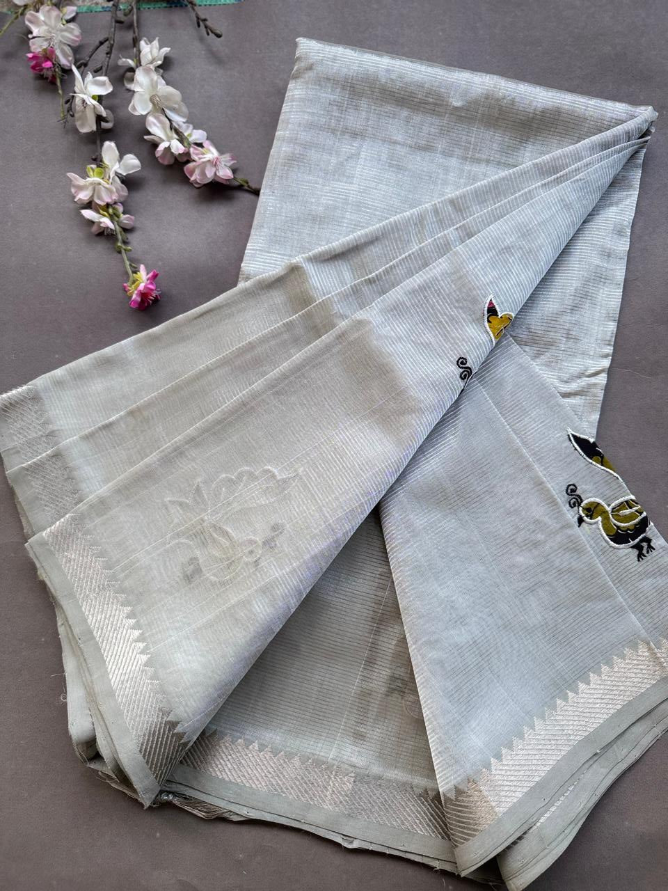 Grey Applique Work Mangalgiri Silk Saree 108