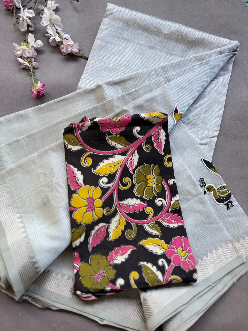 Grey Applique Work Mangalgiri Silk Saree 108
