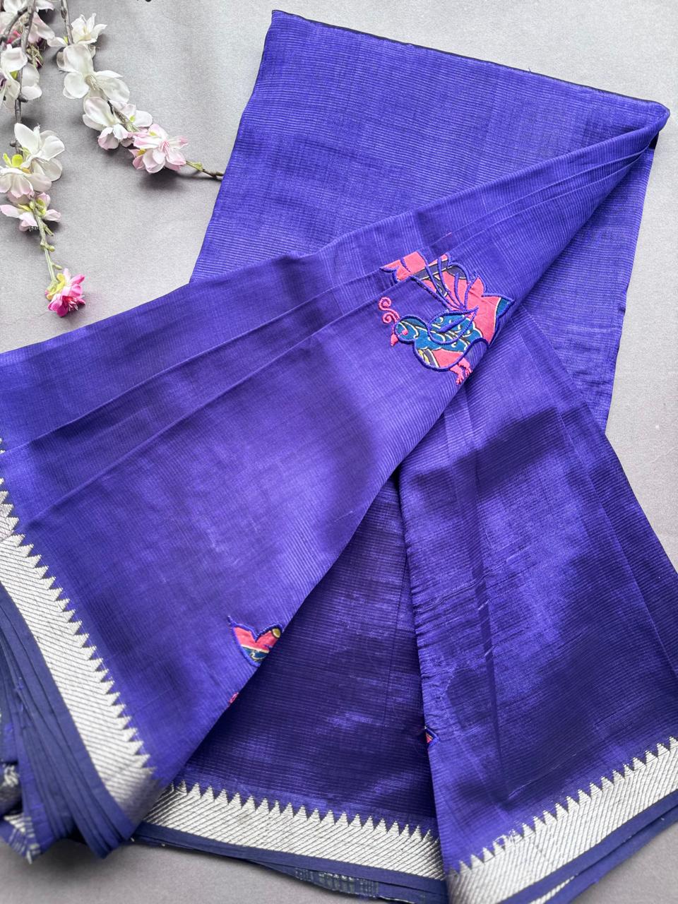 Navy Blue Applique Work Mangalgiri Silk Saree 108
