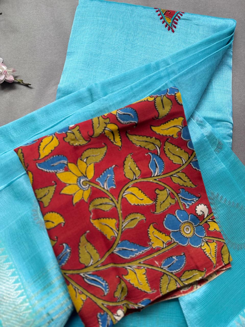 Sky Blue Applique Work Mangalgiri Silk Saree 108