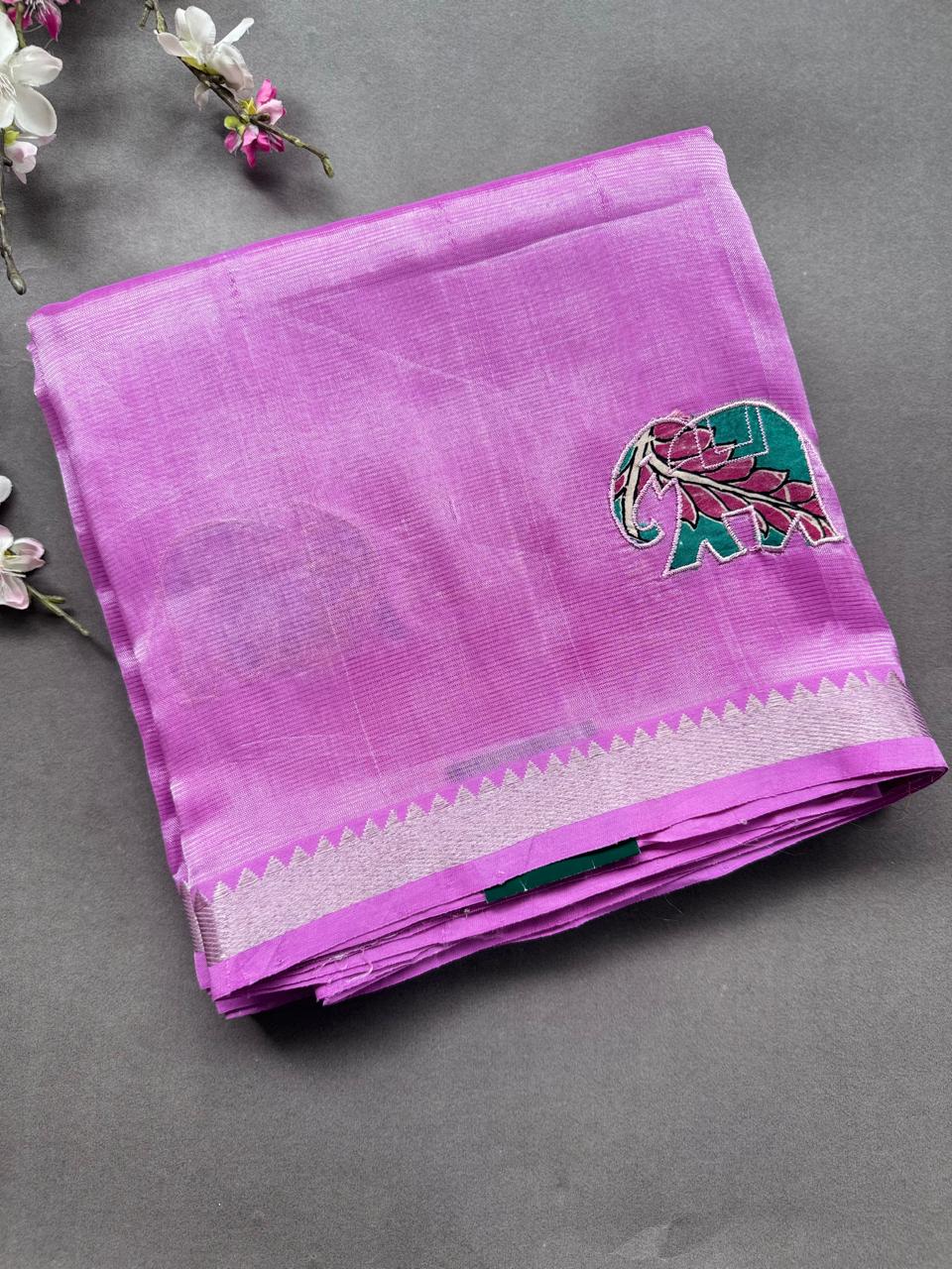Light Lilac Applique Work Mangalgiri Silk Saree 108
