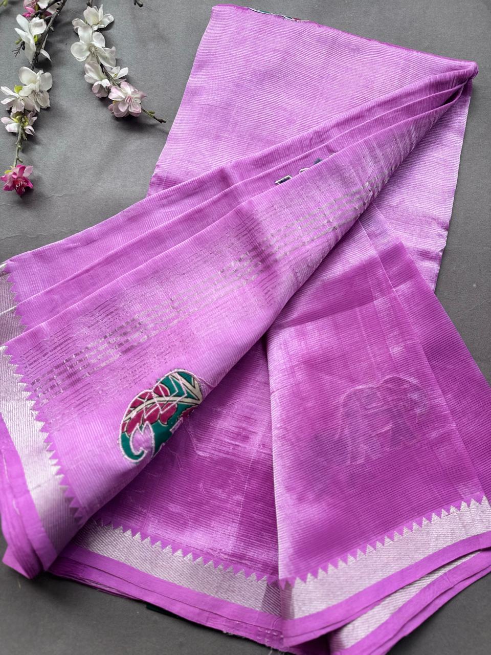 Light Lilac Applique Work Mangalgiri Silk Saree 108