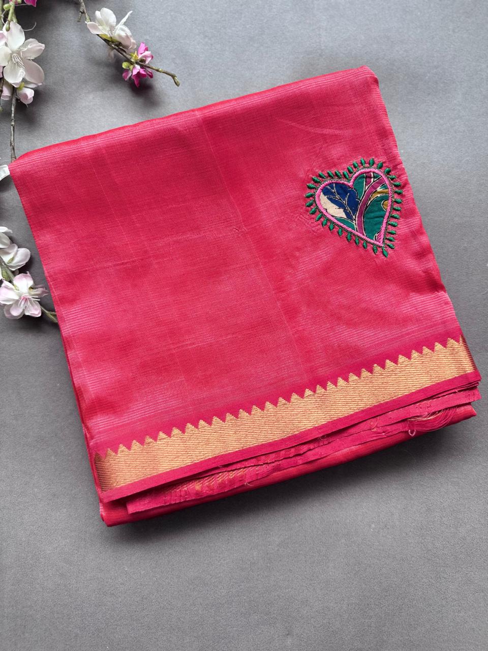 Red Applique Work Mangalgiri Silk Saree 108
