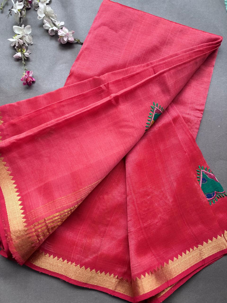 Red Applique Work Mangalgiri Silk Saree 108