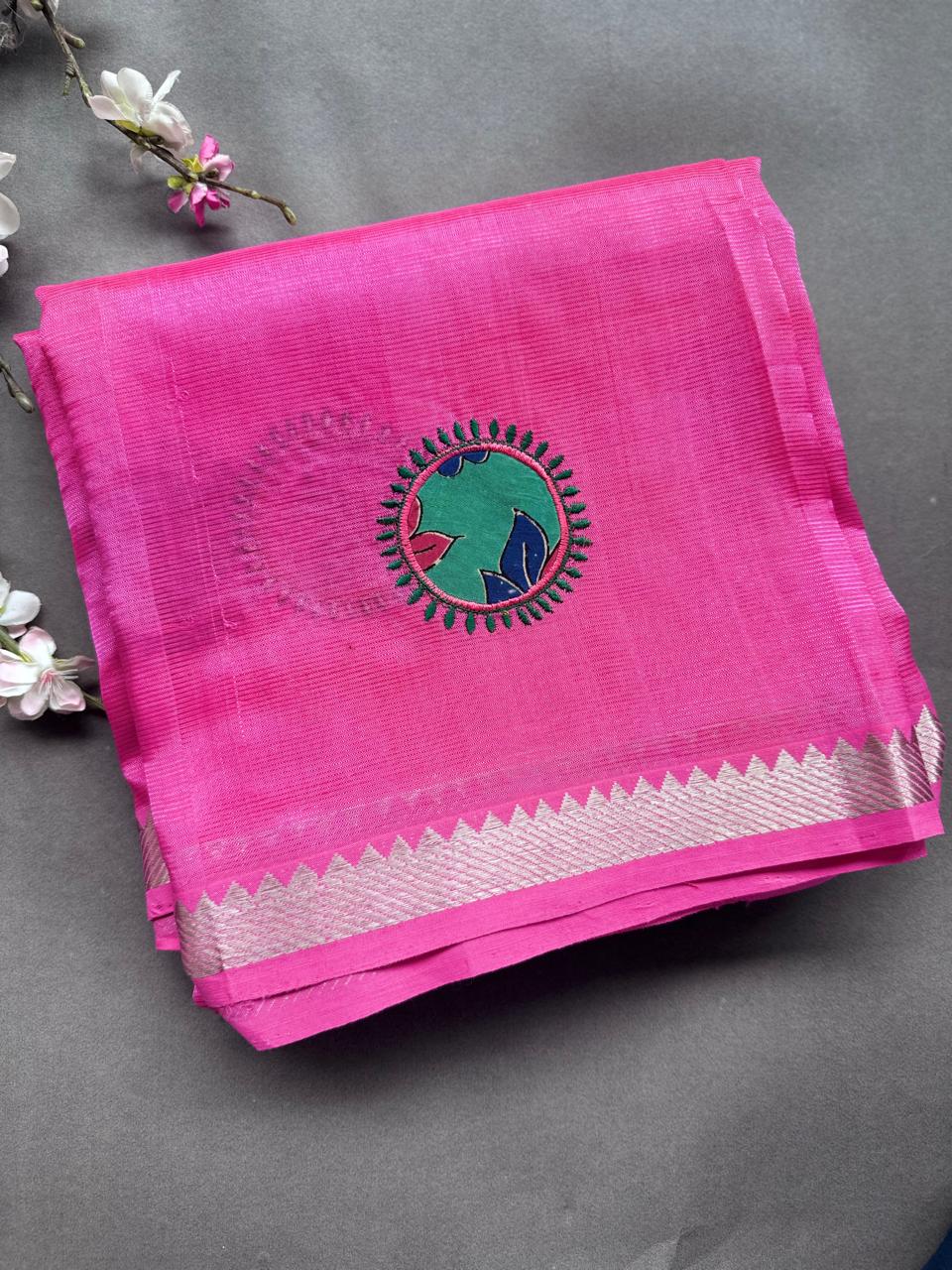 Pink Applique Work Mangalgiri Silk Saree 108
