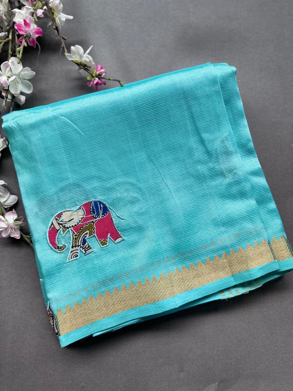 Pastel Green Applique Work Mangalgiri Silk Saree 108