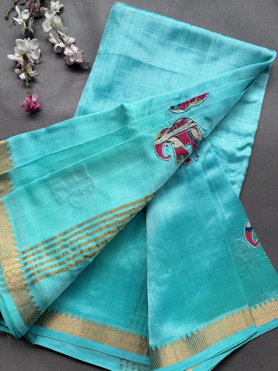 Pastel Green Applique Work Mangalgiri Silk Saree 108