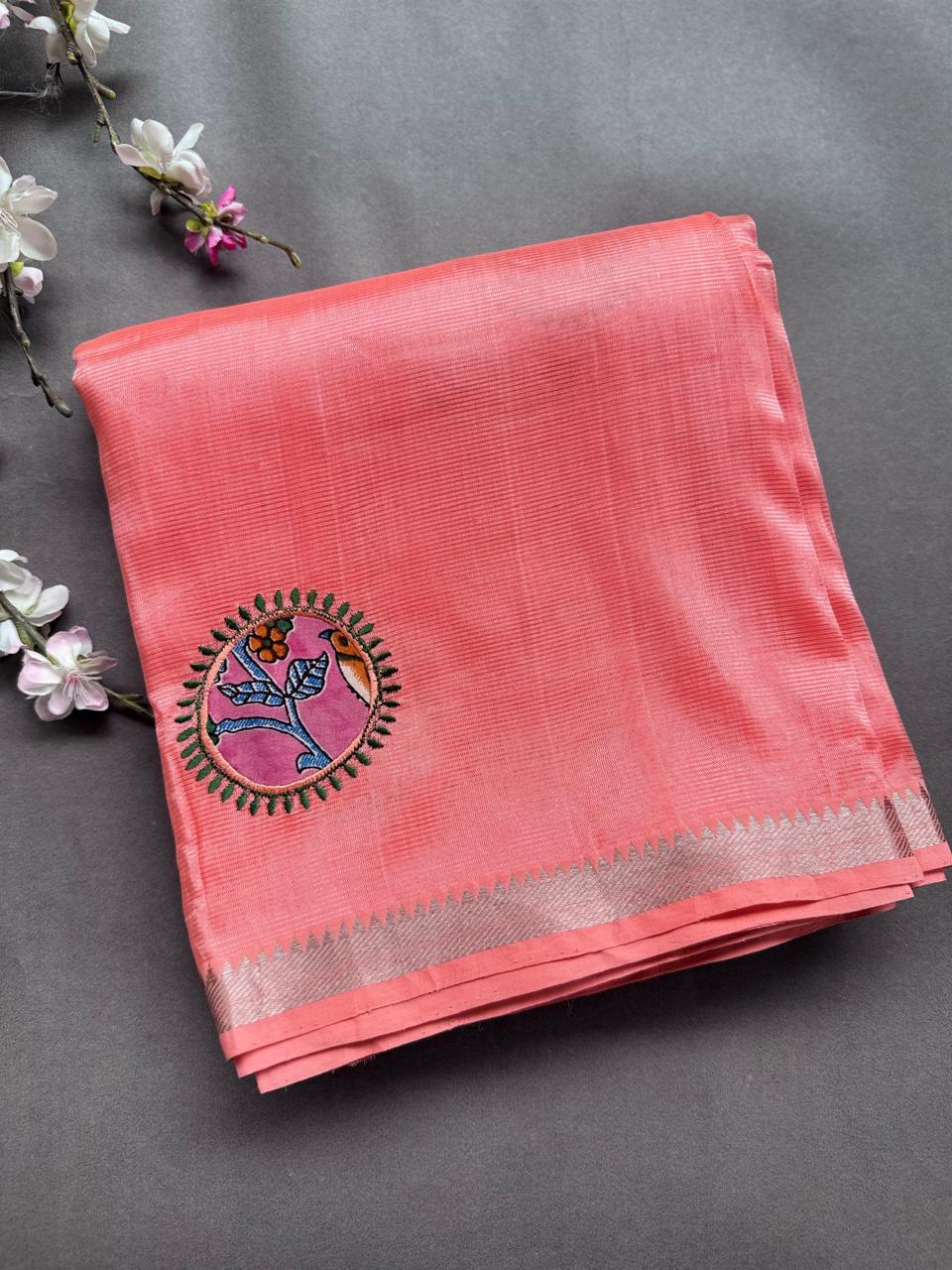 Coral Pink Applique Work Mangalgiri Silk Saree 108