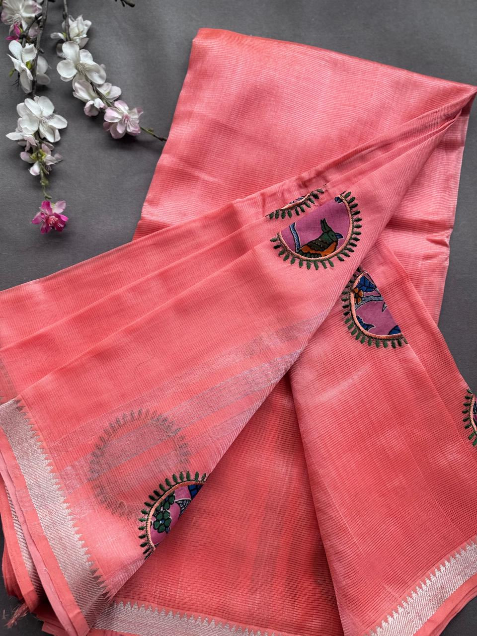 Coral Pink Applique Work Mangalgiri Silk Saree 108