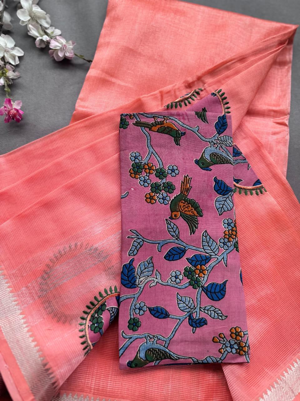 Coral Pink Applique Work Mangalgiri Silk Saree 108