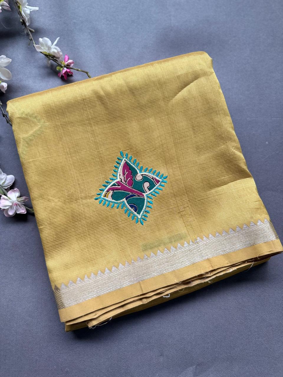 Mustard Yellow Applique Work Mangalagiri Silk Saree 108