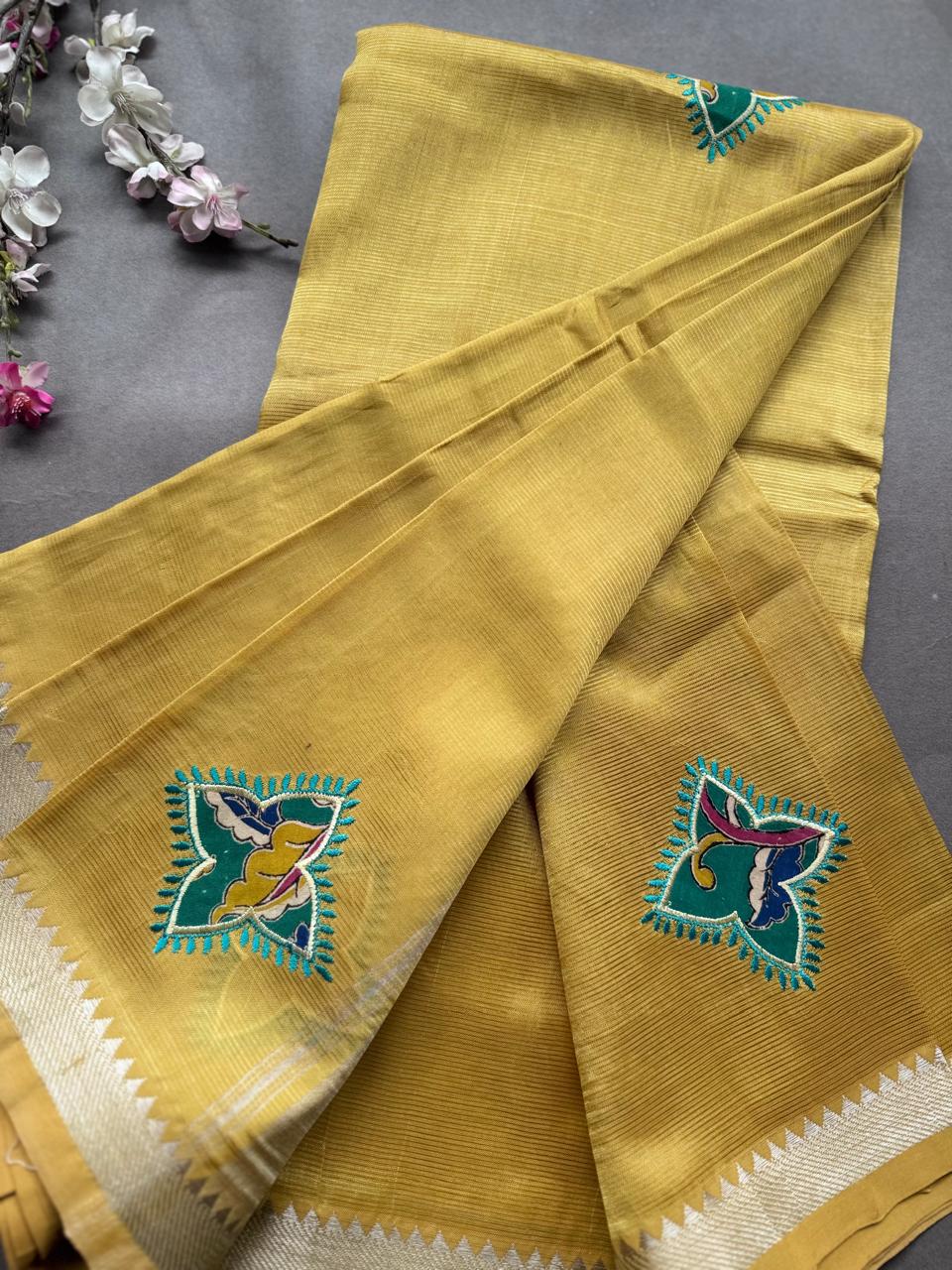 Mustard Yellow Applique Work Mangalagiri Silk Saree 108