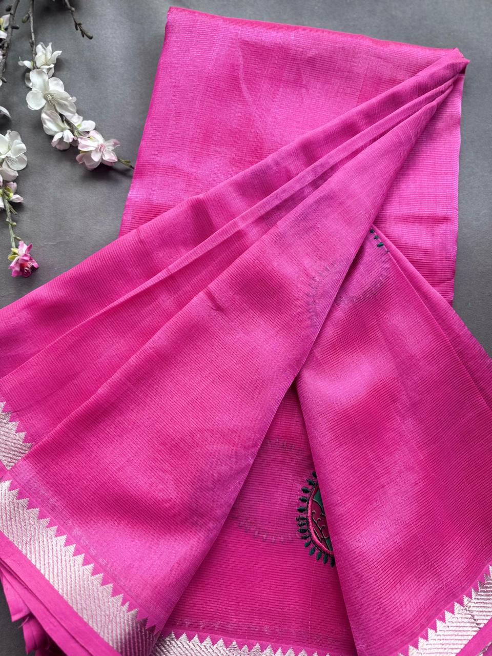 Pink Applique Work Mangalgiri Silk Saree 108