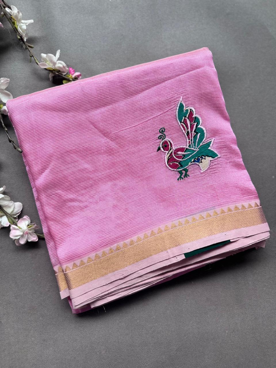 Baby Pink Applique Work Mangalagiri Silk Saree 108