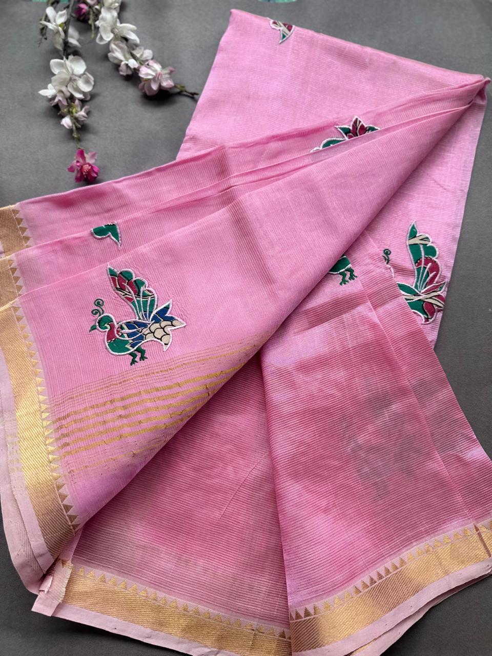 Baby Pink Applique Work Mangalagiri Silk Saree 108