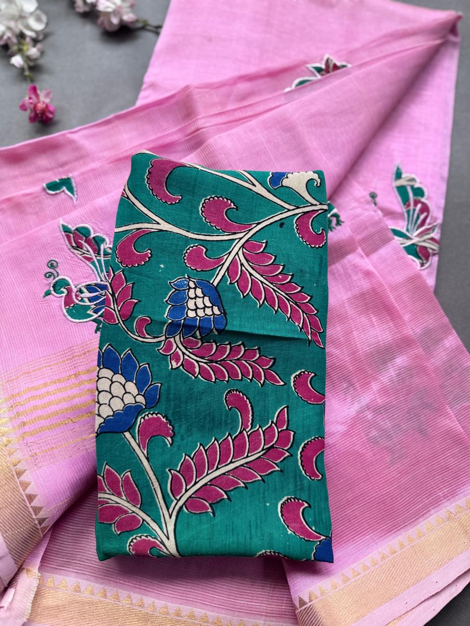Baby Pink Applique Work Mangalgiri Silk Saree 108
