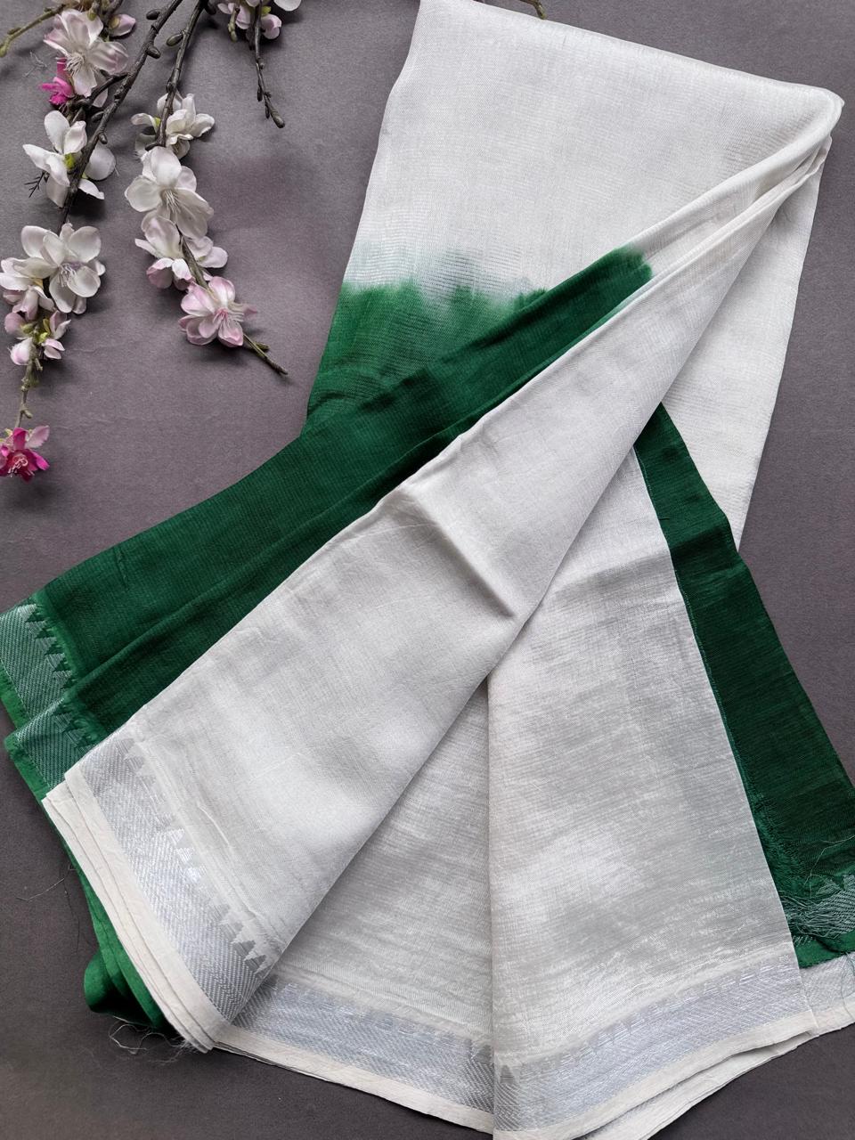Bottle Green n Cream Mangalgiri Silk Saree 108