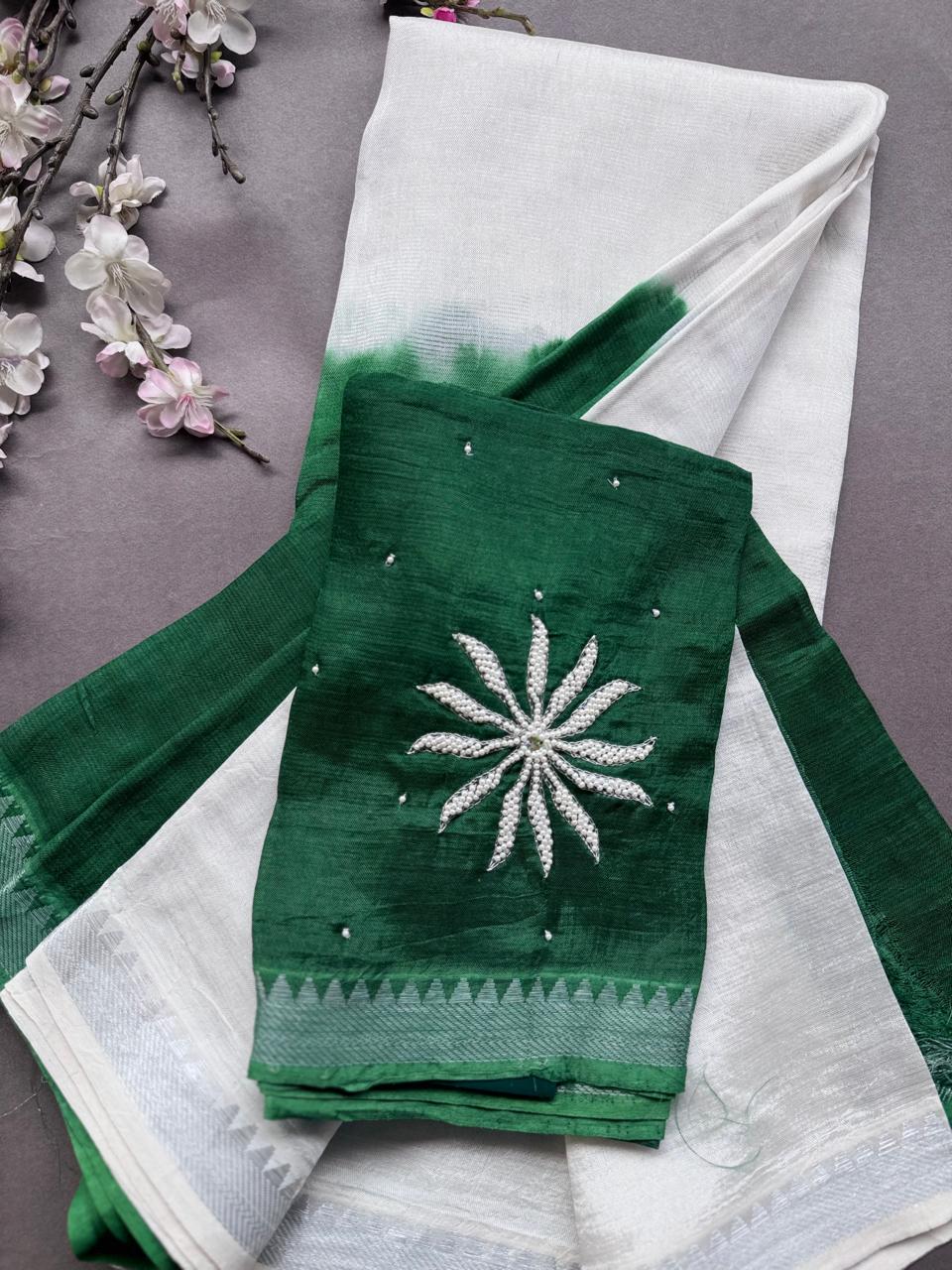 Bottle Green n Cream Mangalgiri Silk Saree 108