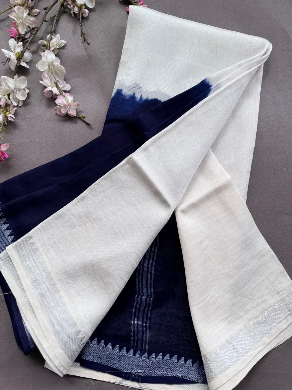 Navy Blue n Cream Mangalgiri Silk Saree 108