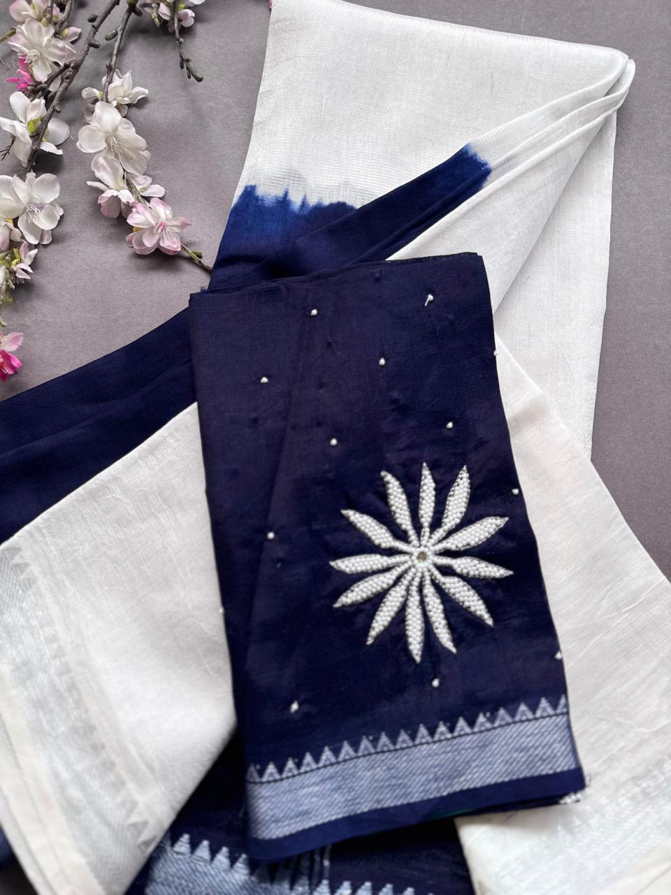 Navy Blue n Cream Mangalgiri Silk Saree 108