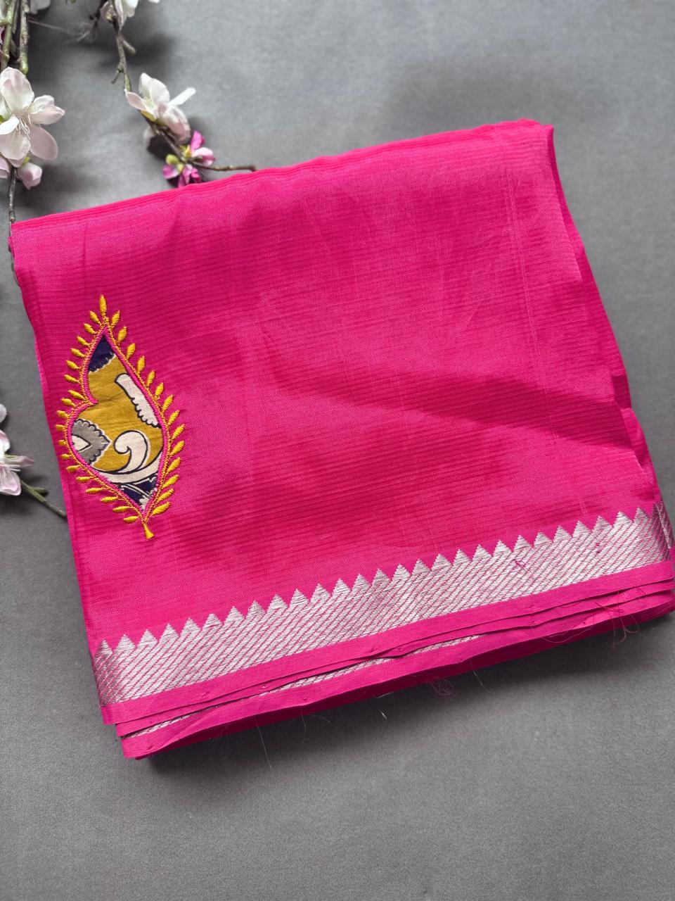 Rani Pink Applique Work Mangalgiri Silk Saree 108
