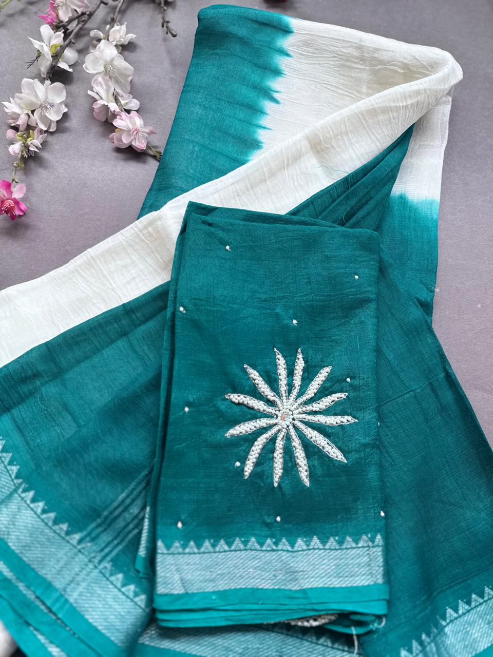 Sea Green n Cream Mangalgiri Silk Saree 108