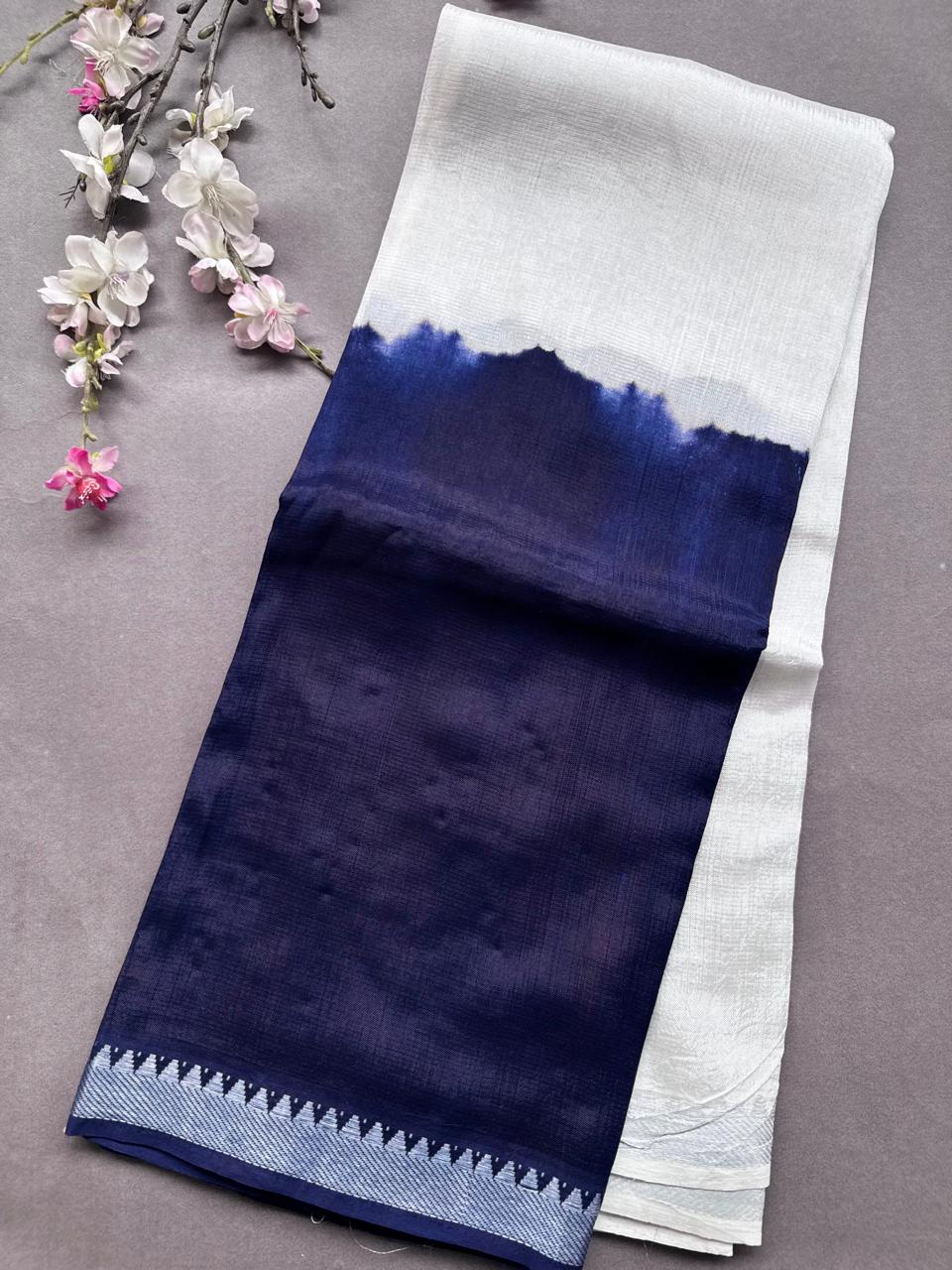 Navy Blue n Cream Mangalgiri Silk Saree 108