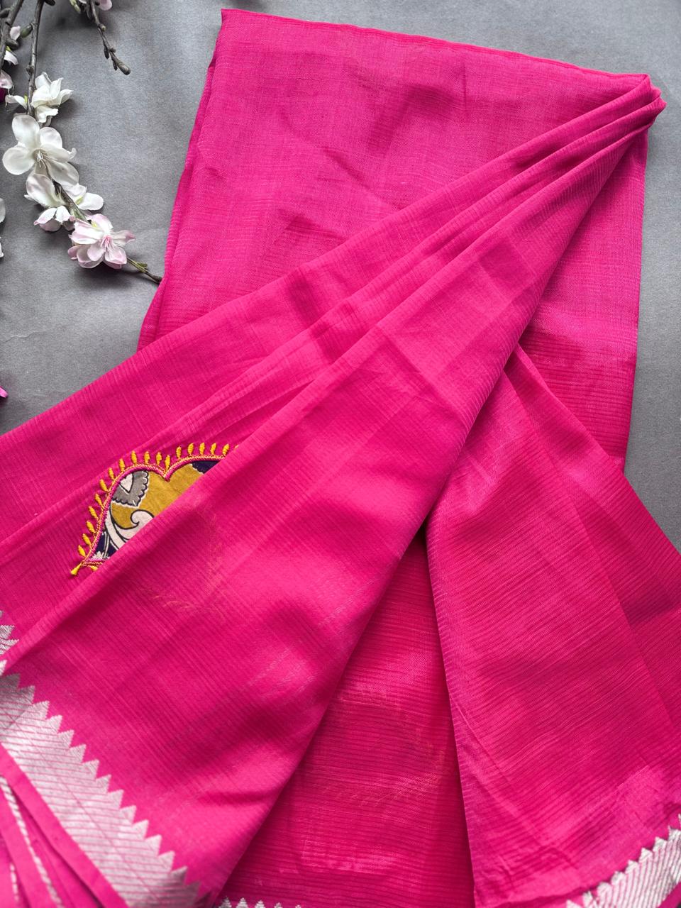 Rani Pink Applique Work Mangalgiri Silk Saree 108