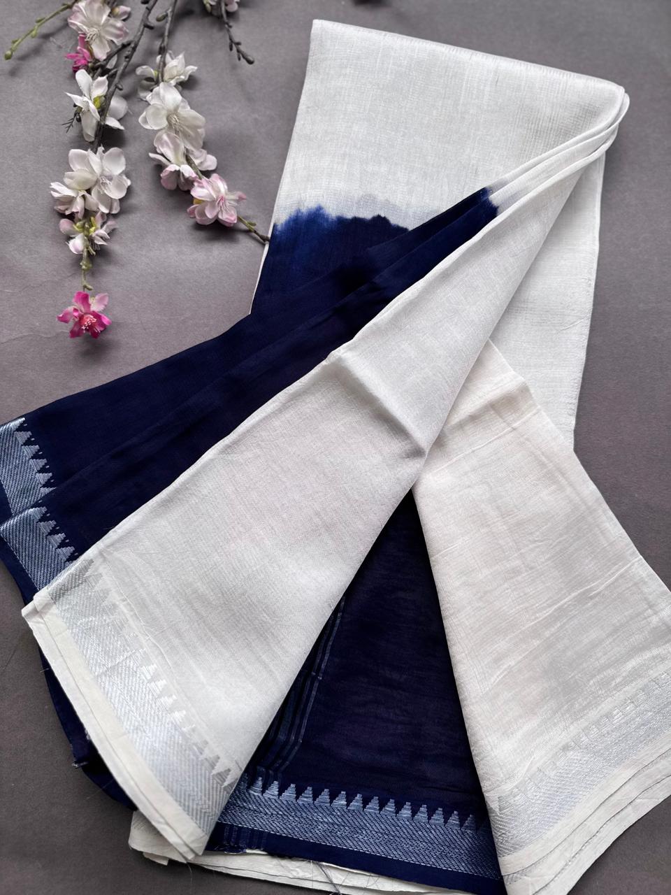 Navy Blue n Cream Mangalgiri Silk Saree 108