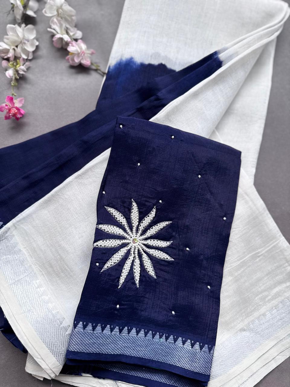 Navy Blue n Cream Mangalgiri Silk Saree 108