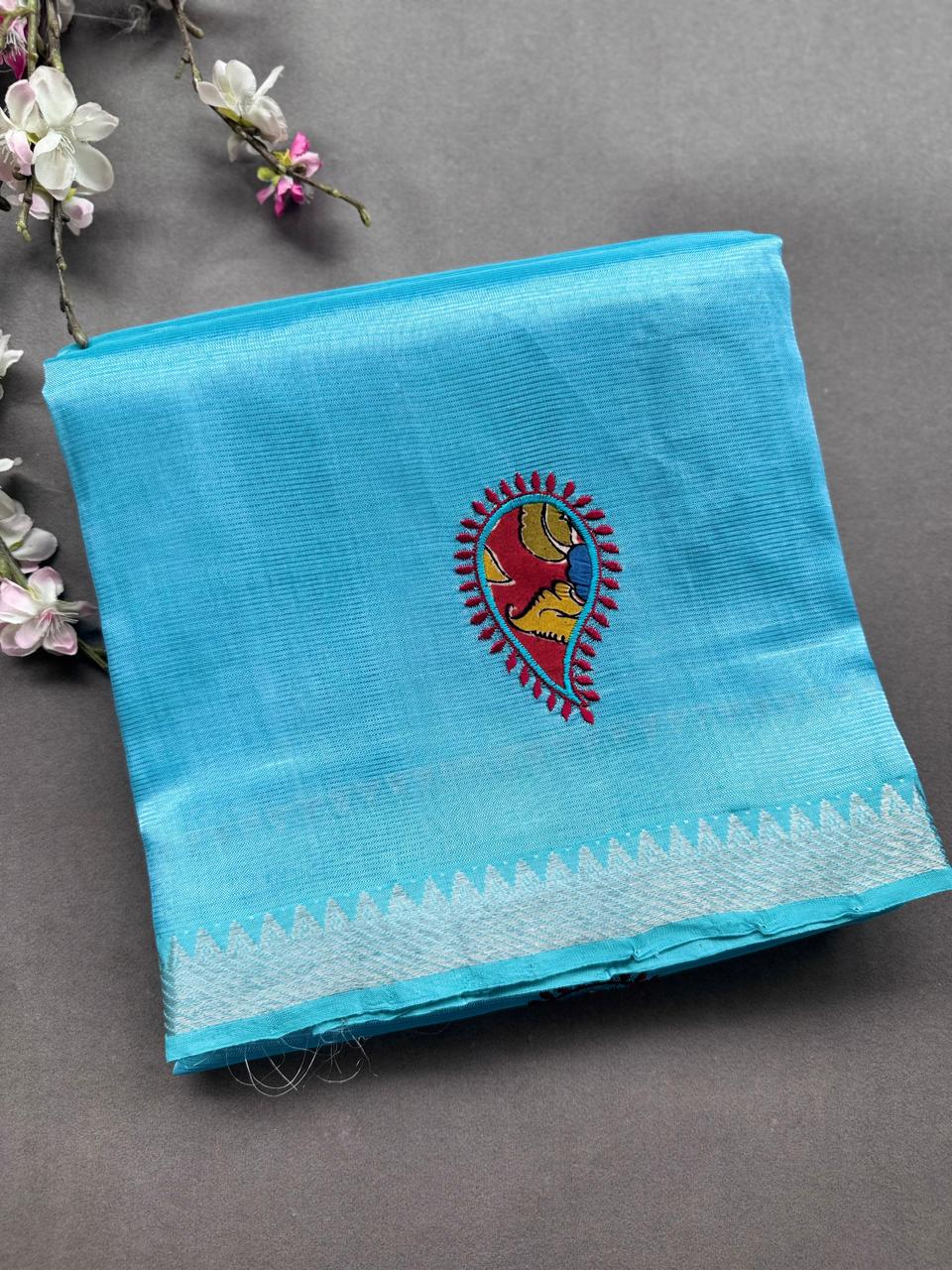 Sky Blue Applique Work Mangalgiri Silk Saree 108