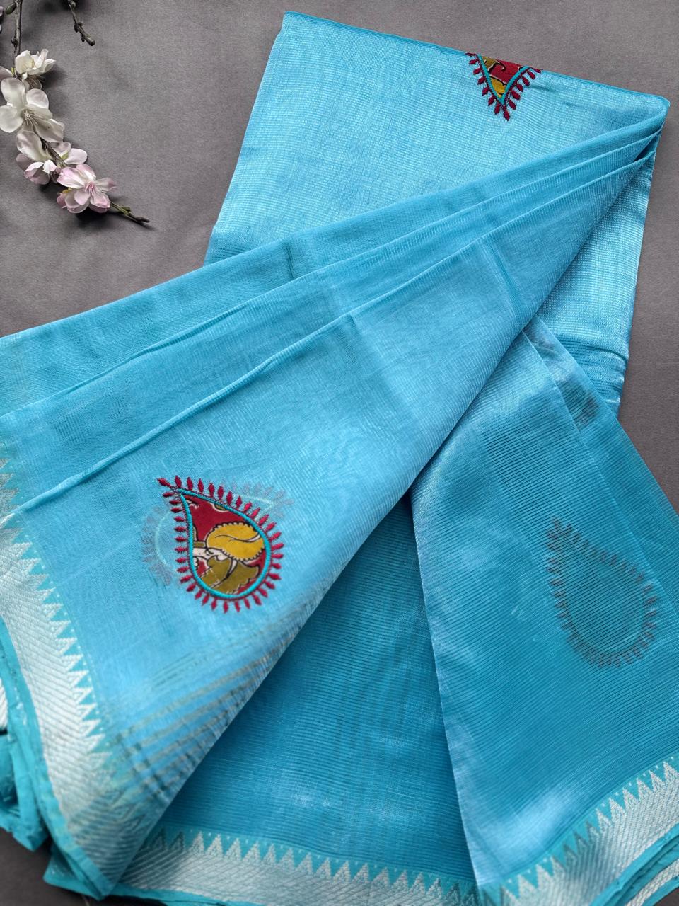 Sky Blue Applique Work Mangalgiri Silk Saree 108