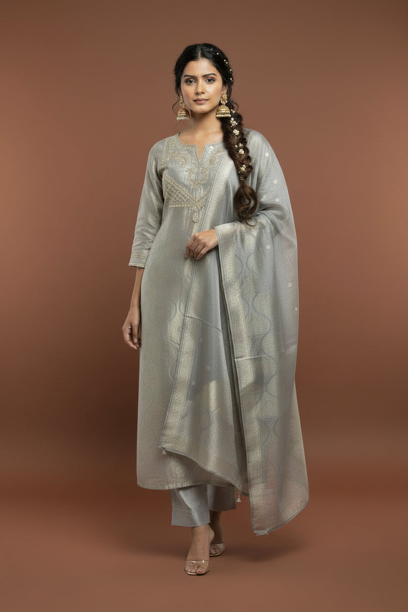 Grey Banarasi Tissue Silk Straight Kurtha 112