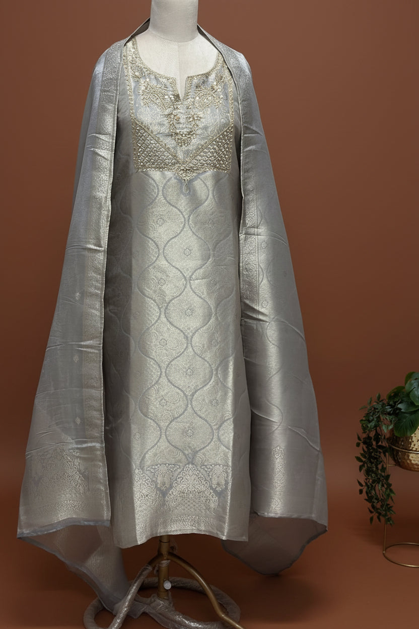 Grey Banarasi Tissue Silk Straight Kurtha 112