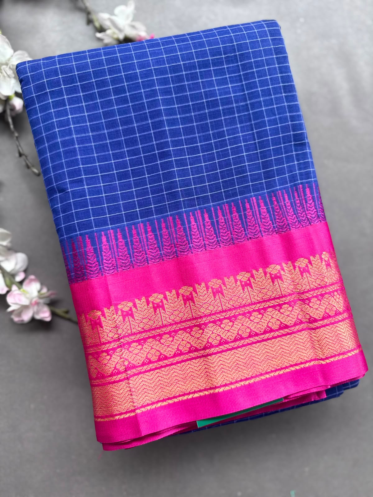 Navy Blue Checks Pure Gadwal Cotton Saree 108