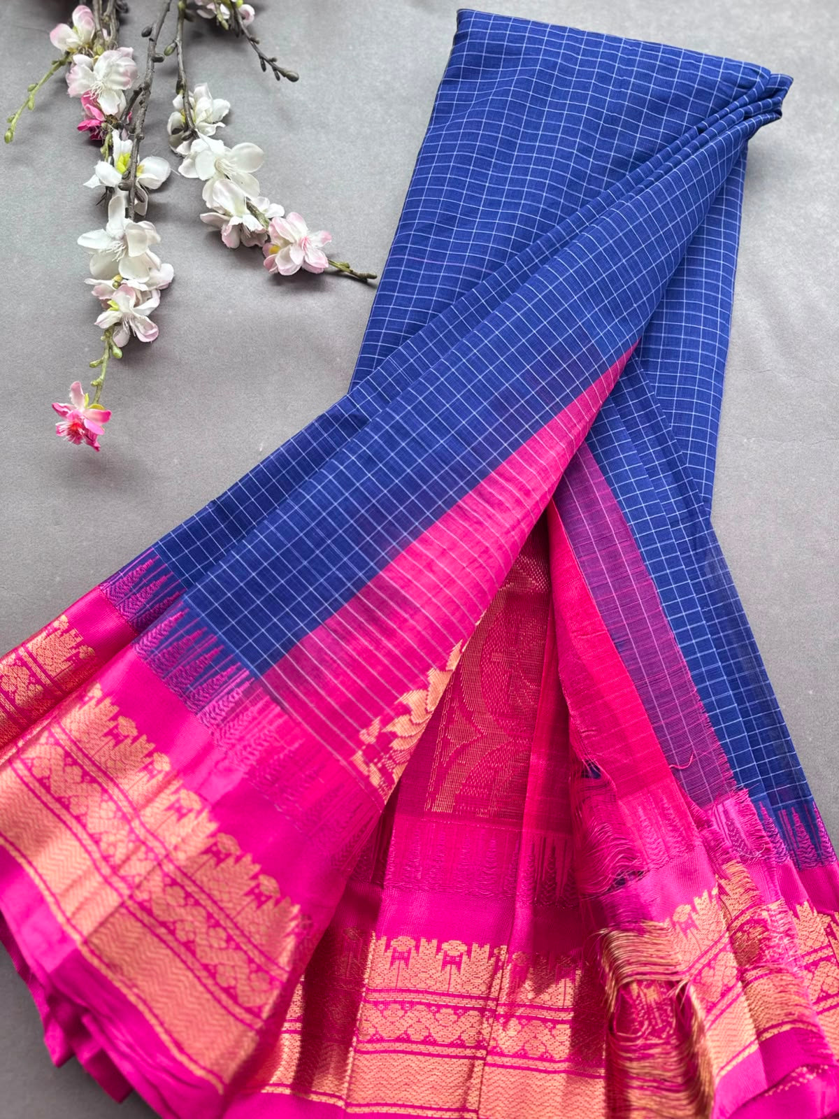 Navy Blue Checks Pure Gadwal Cotton Saree 108