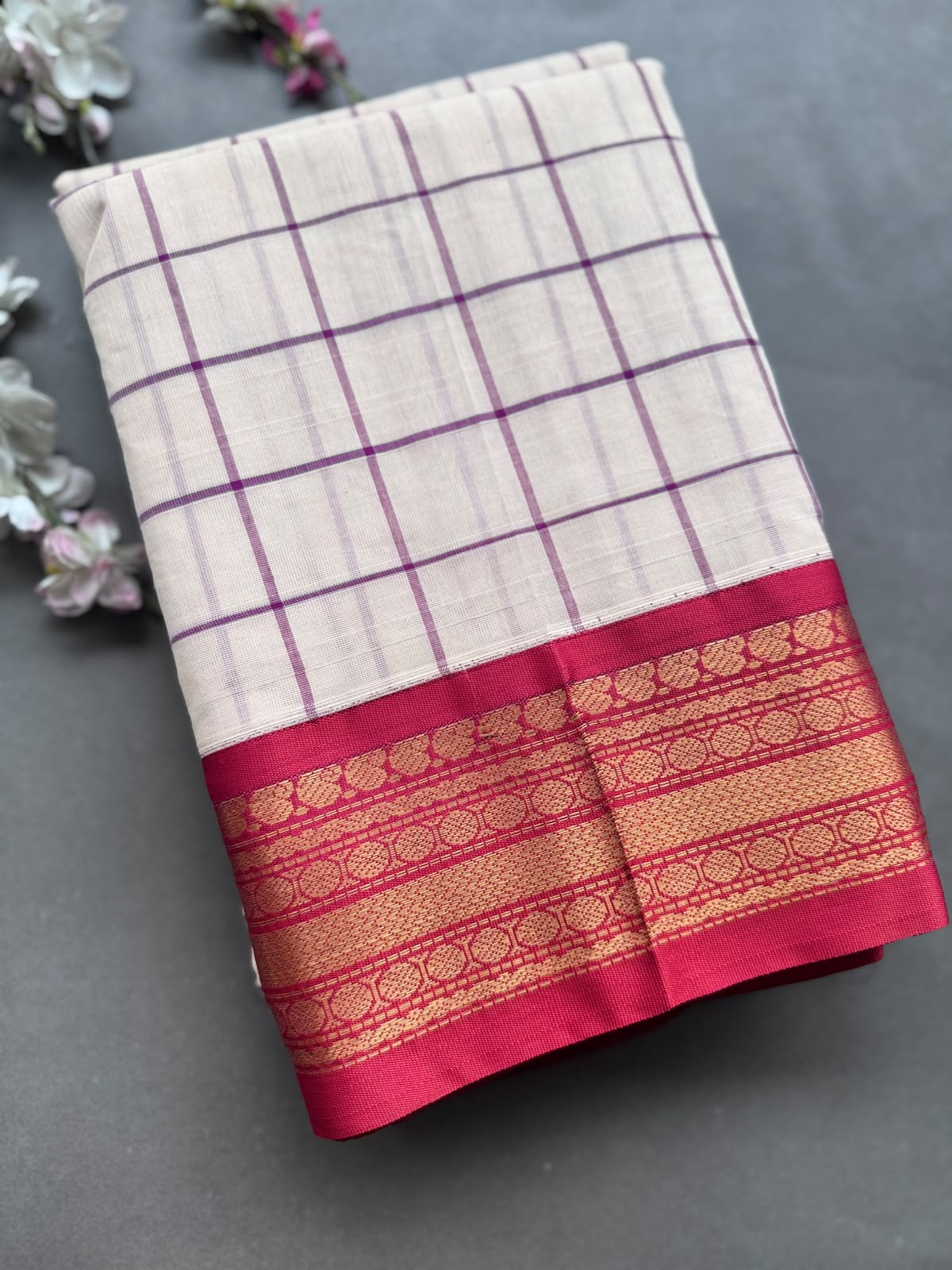 Cream Checks Pure Gadwal Cotton Saree 108