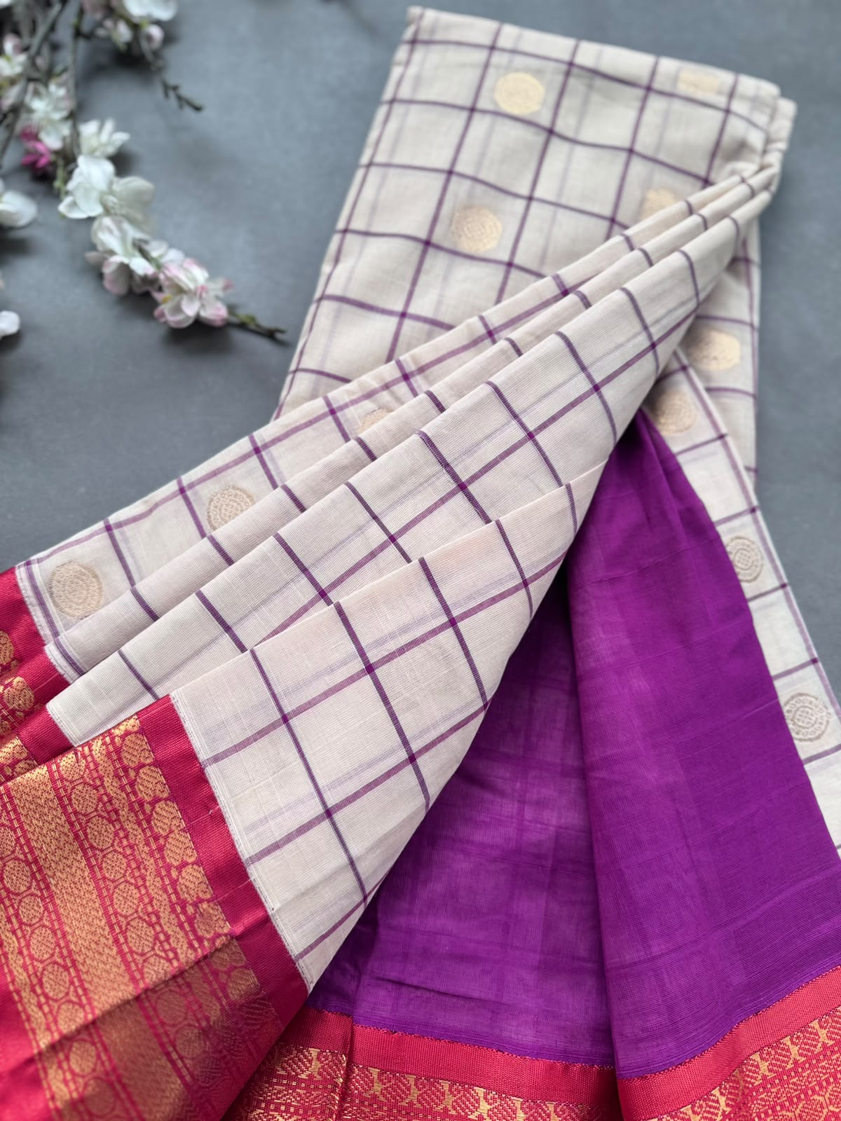 Cream Checks Pure Gadwal Cotton Saree 108