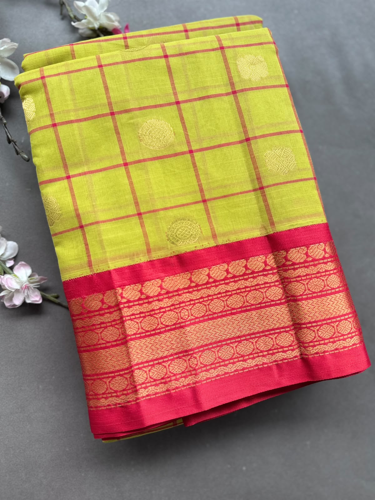 Yellow Checks Pure Gadwal Cotton Saree 108