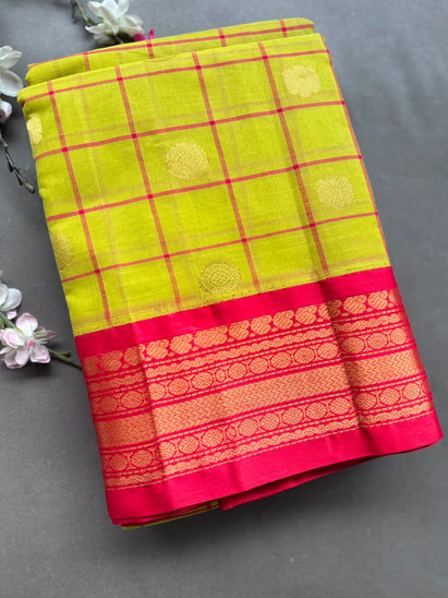 Yellow Checks Pure Gadwal Cotton Saree 108