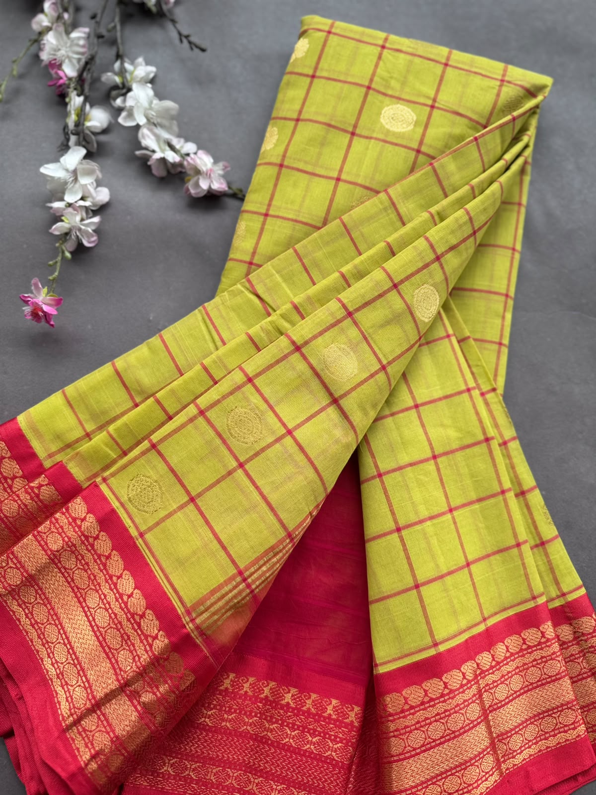 Yellow Checks Pure Gadwal Cotton Saree 108
