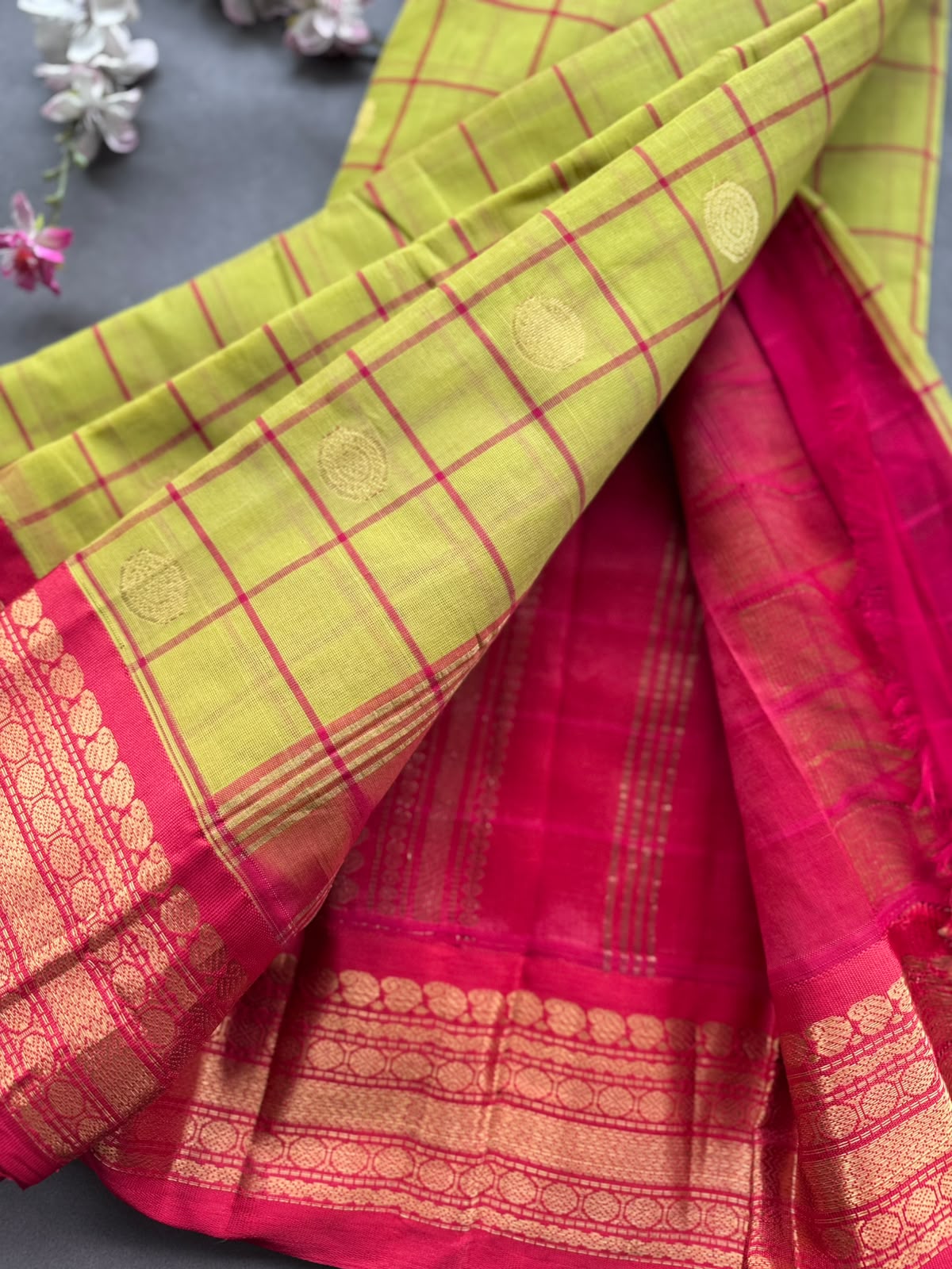 Yellow Checks Pure Gadwal Cotton Saree 108