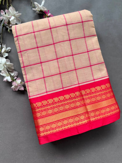 Beige Checks Pure Gadwal Cotton Saree 108