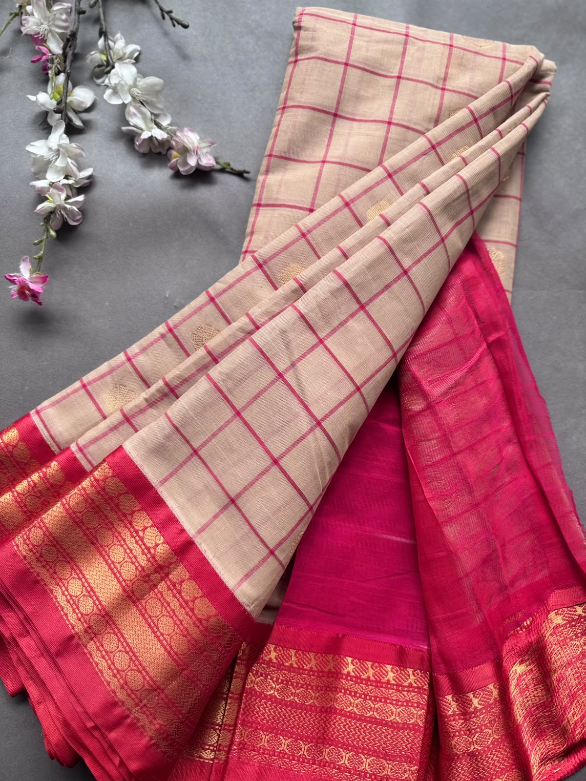 Beige Checks Pure Gadwal Cotton Saree 108